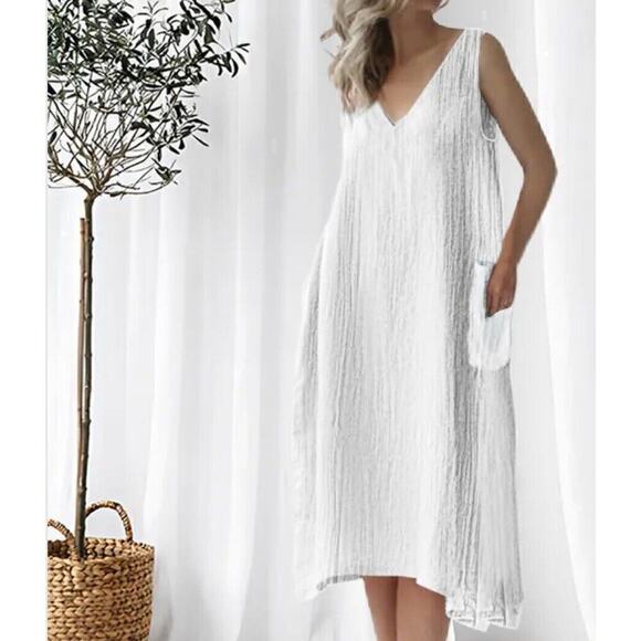 NWOT COZINEN Maxi V Neck Dress Sz S White Goddess Boho Vacation - Picture 1 of 5